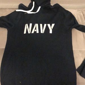 Navy decal hoodie.